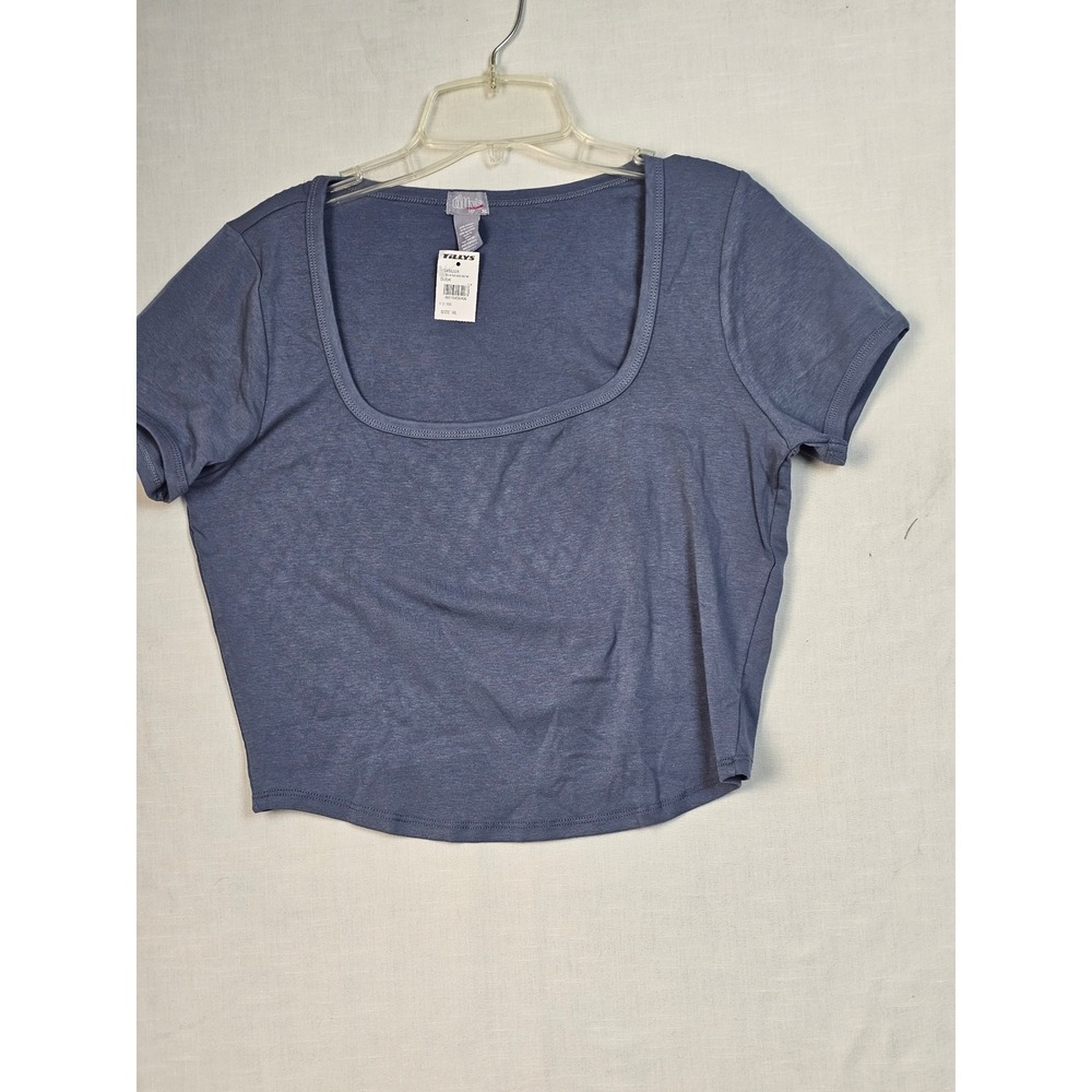Tillys Women XL Dusk Blue Heather Scoop Neck Short Sleeve Crop Top NWT